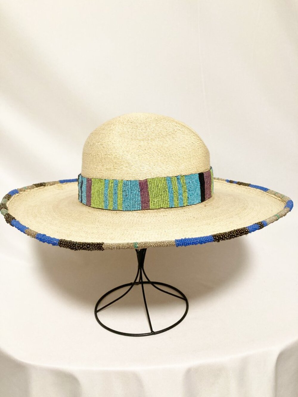 Hand Beaded SunBody Palm Leaf Hat Western Boho Artisan Unique Wearable Art - Picture 4 of 12